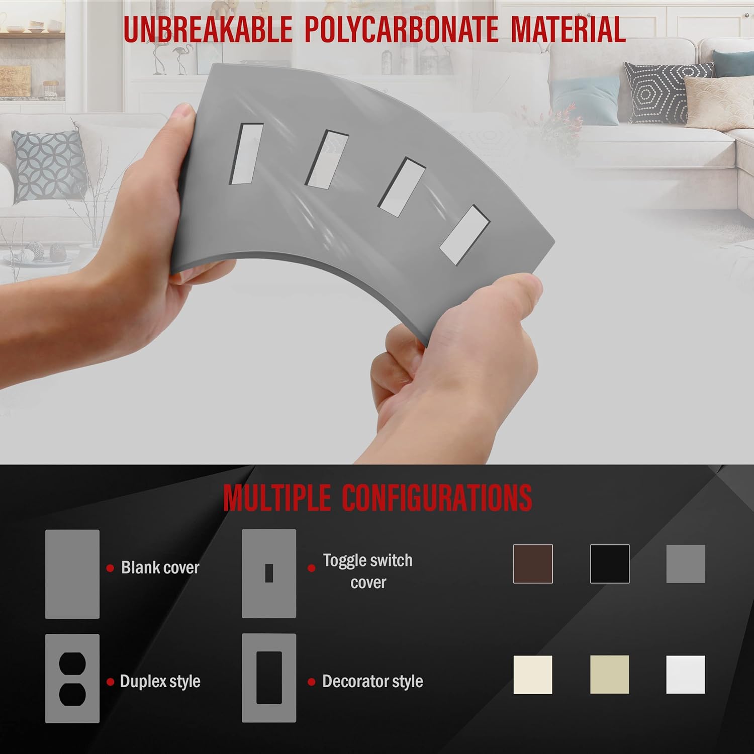 ENERLITES Screwless Quadruple Toggle Switch Wall Plate, Child Safe Light Switch Cover, Standard Size 4-Gang 4.68" x 8.38", Unbreakable Polycarbonate Thermoplastic, UL Listed, SI8814-GY, Glossy, Gray