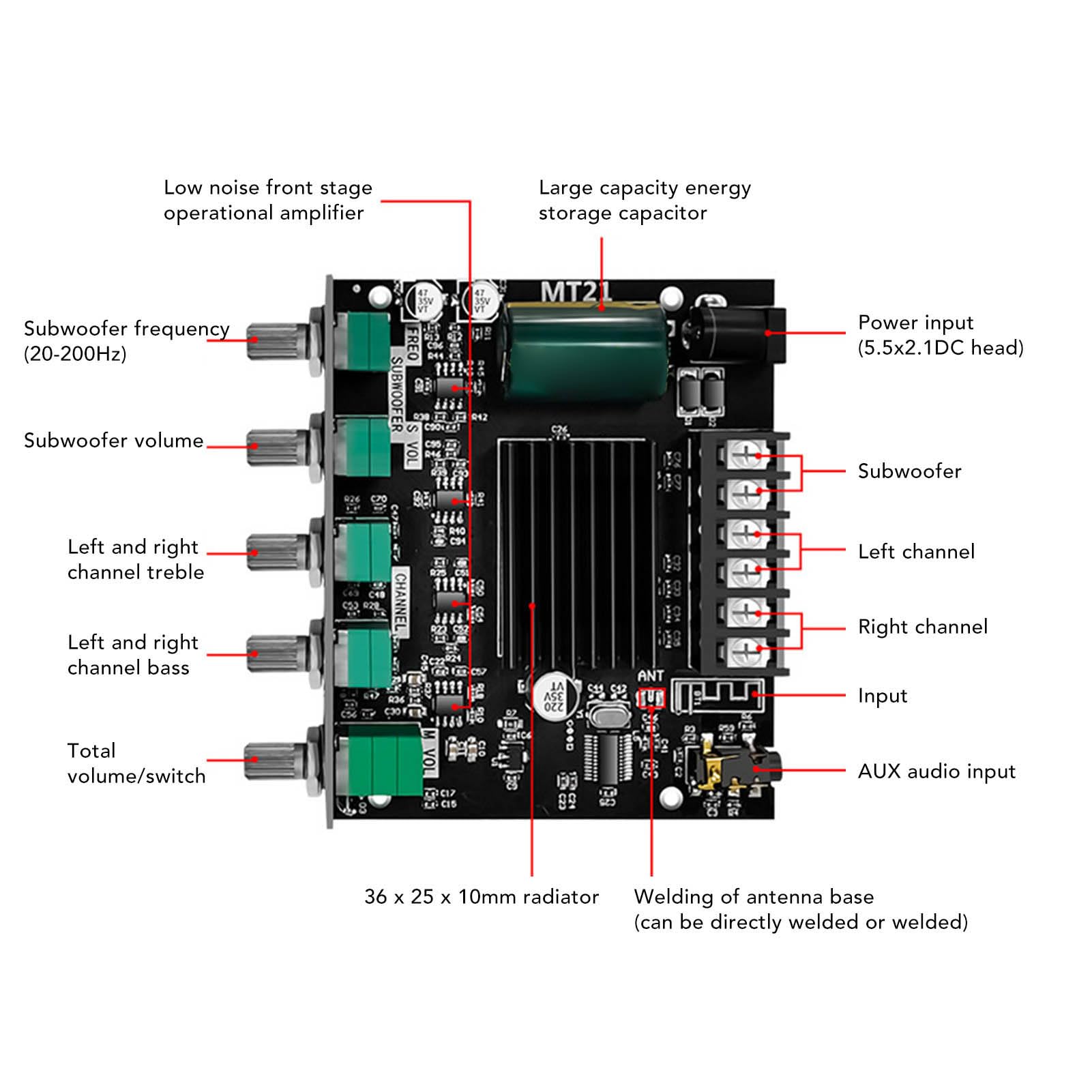 Placa Amplificadora Bluetooth de 2.1 Canales, 50W+50W+100W con