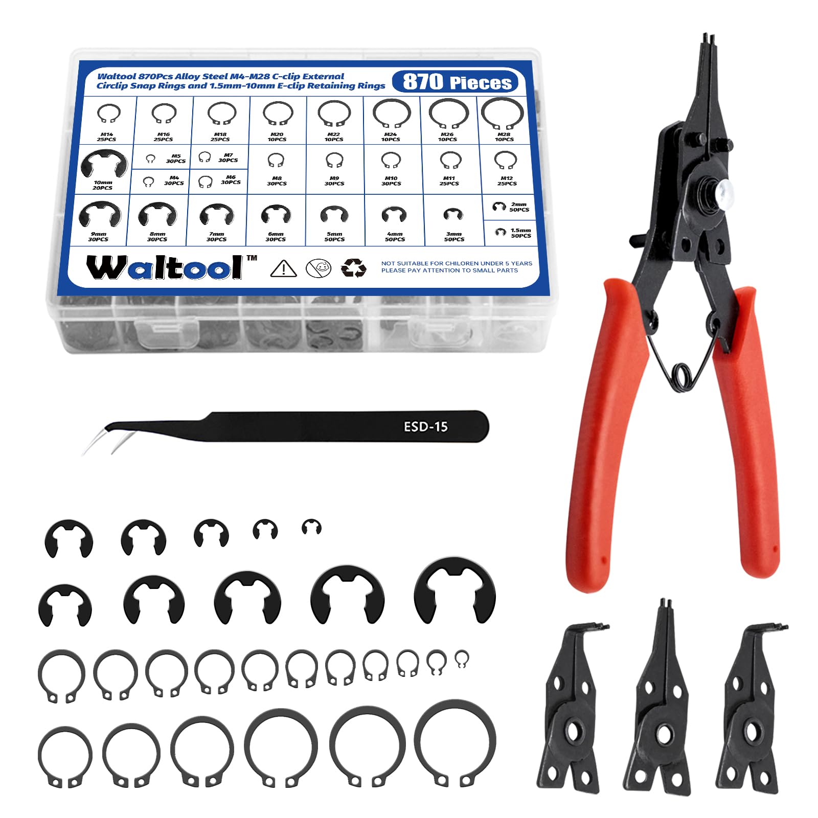 Waltool 870Pcs Alloy Steel M4-M28 C-Clip External Circlip Snap Rings and 1.5mm-10mm E-Clip Retaining Rings with Snap Ring Pliers for Automobiles Motorcycle Lawnmowers Electrical Appliances