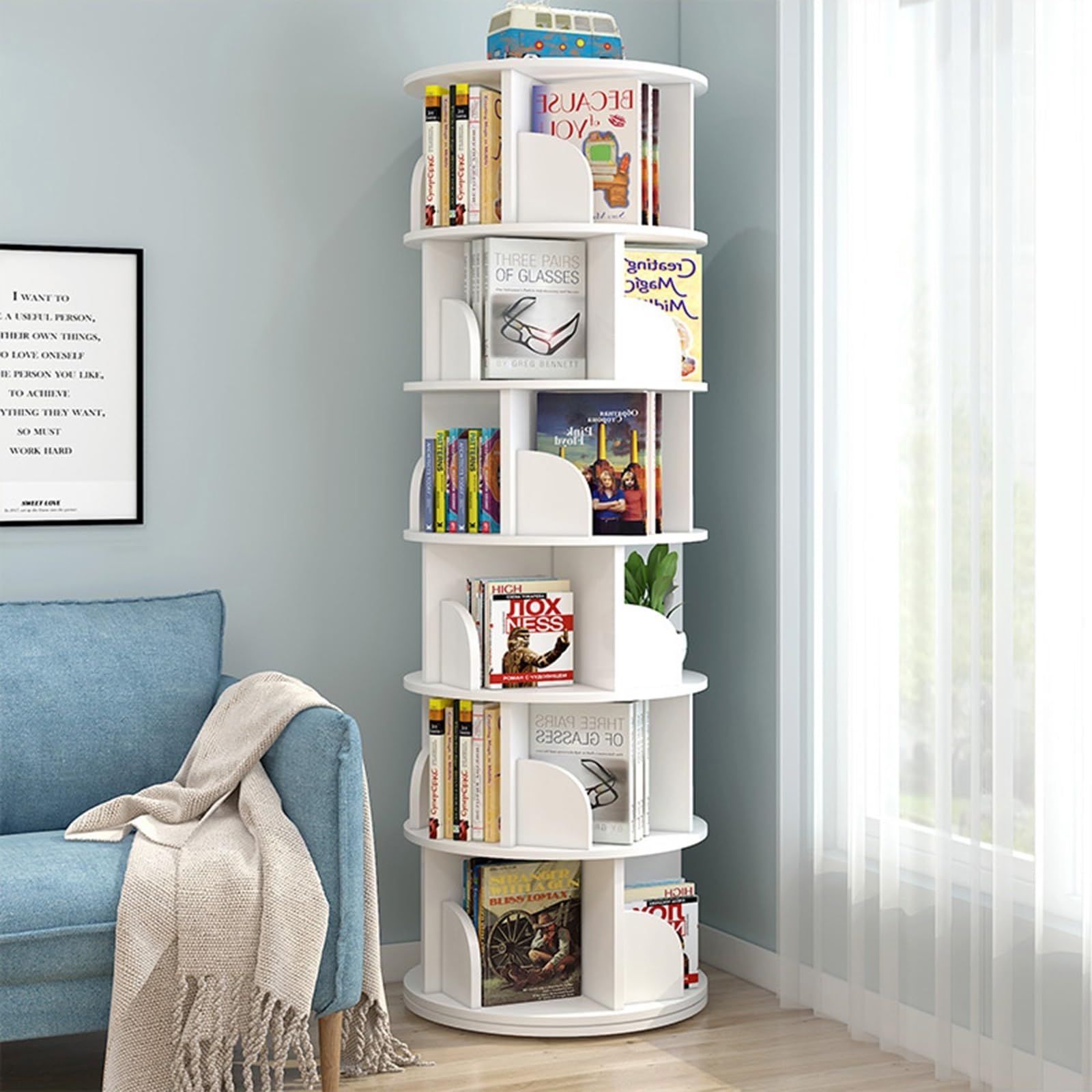 Estantería Giratoria De 4/5 Niveles para Niños Y Adultos - Dormitorio, Sala De Estar, Sala De Estudio (Color: Blanco, Tamaño: 46 * 191cm)
