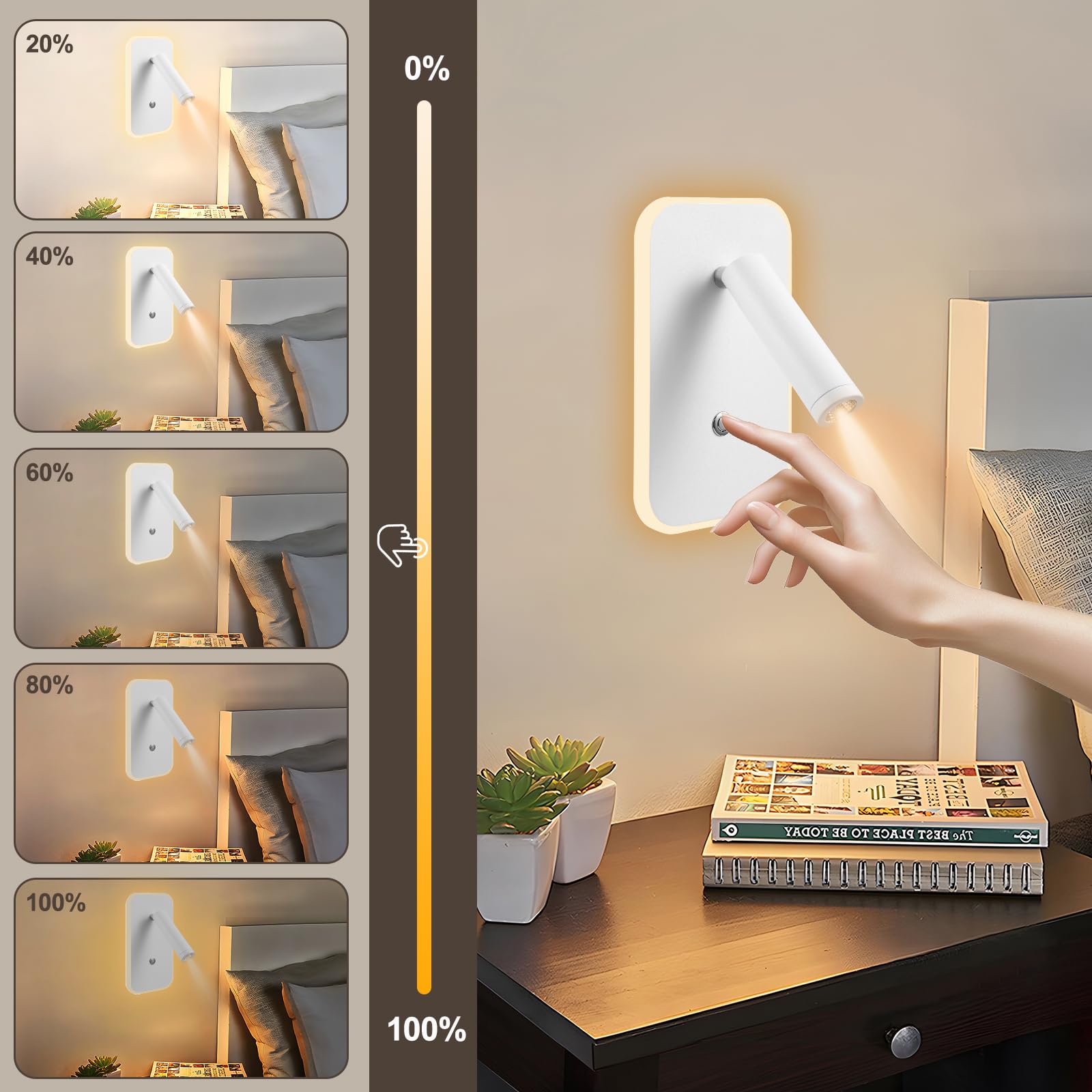 lampara cabecero cama 3W+9W 3000K, luz de lectura pared con Interruptor de Atenuación Continua y Puerto de carga USB, aplique mesa de cabecera Lámpara de Noche para Dormitorio Hotel(Blanco, 2 piezas)