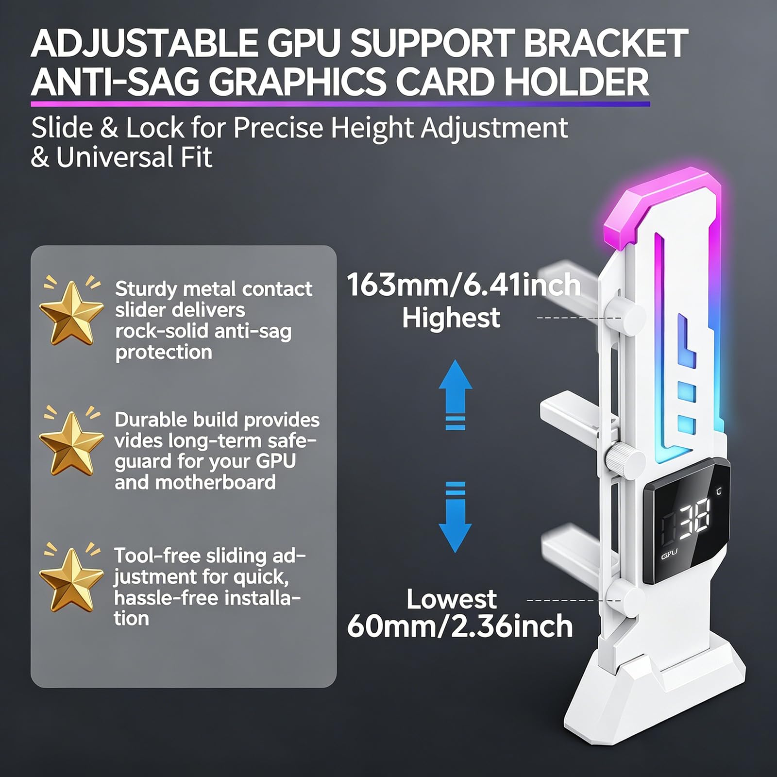 ARGB - Supporto GPU con CPU e GPU Temp/Usage Display, altezza regolabile Anti Sag GPU stand con magnete e base antiscivolo, supporto universale per scheda grafica, supporto per scheda video