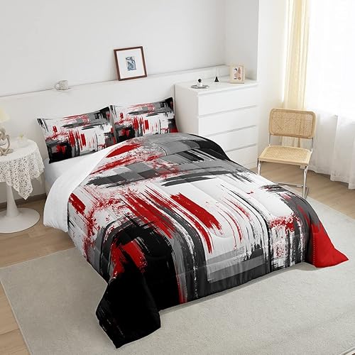 Miniatura 4 de Feelyou Juego de edredón abstracto moderno de arte abstracto para niños y niñas, juego de ropa de cama con patrón rojo, gris, negro, decoración de
