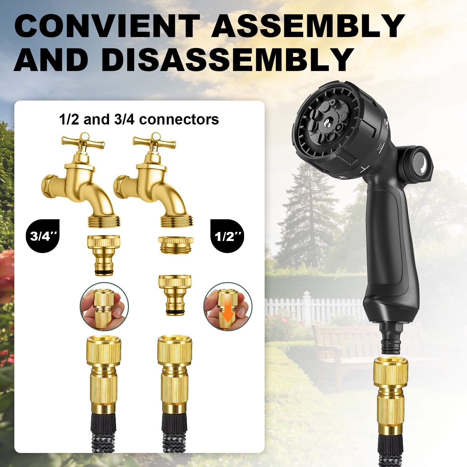 Tuyau d'arrosage 30m, ULTTY Tuyau d’arrosage Extensible avec 1/2" et 3/4" (19mm et 13mm) Adaptateurs, 10 Modes d'Arrosage, Latex Triple Épaisseur Durable avec Raccords en Laiton et Sac, Noir - 4