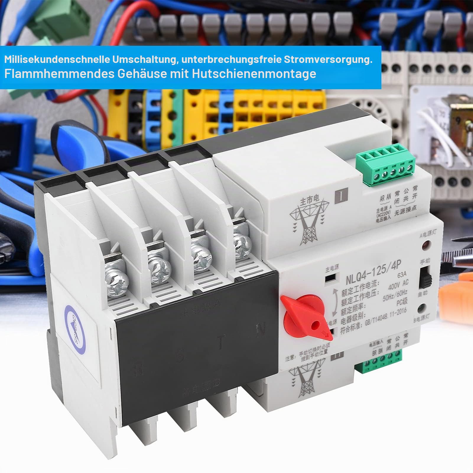 Dual Power Automatischer Transferschalter AC 400V 63A 4P 3 Phasen 4 Draht PC Hutschiene Netzumschalter Notstrom Umschalter für Kommunaler Strom, Generator