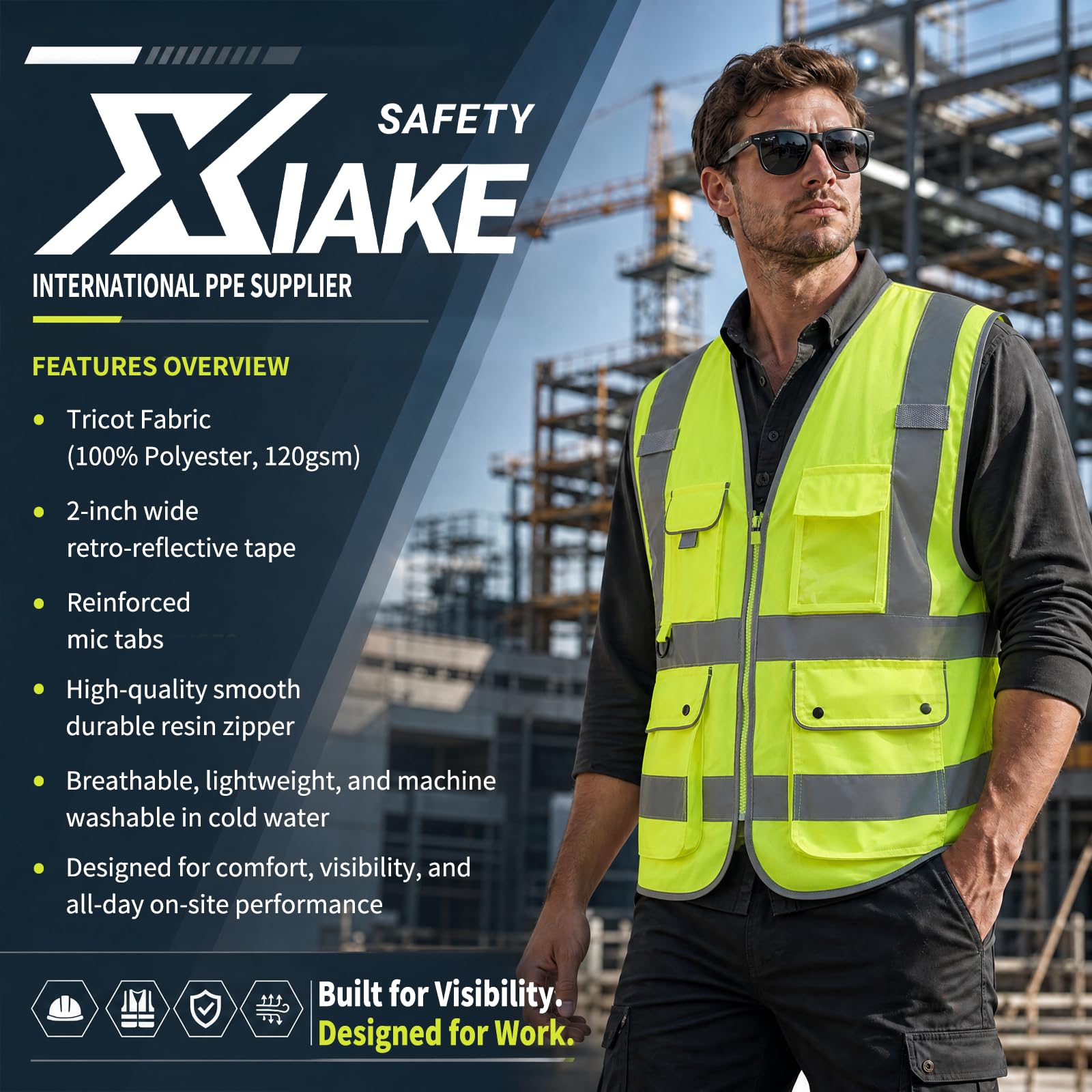 XIAKE Gilet antinfortunistici RV120528 Gilet riflettente di sicurezza ad alta visibilità con 8 tasche