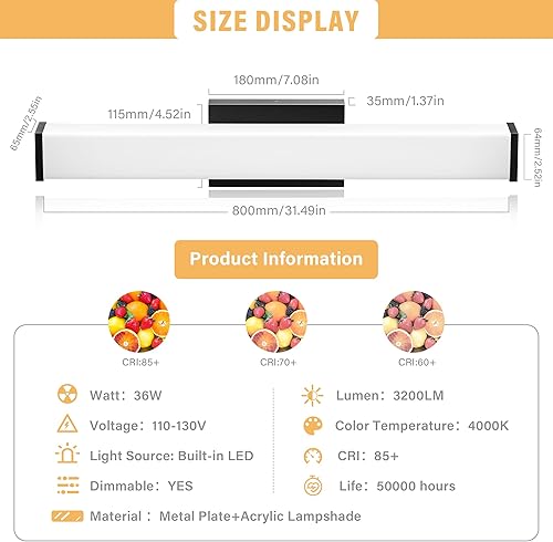 Miniatura 2 de Lámpara LED negra regulable, 36 W, 3200 lúmenes, moderna lámpara de baño sobre espejo, 32 pulgadas, 4000 K, luces blancas naturales para baño,