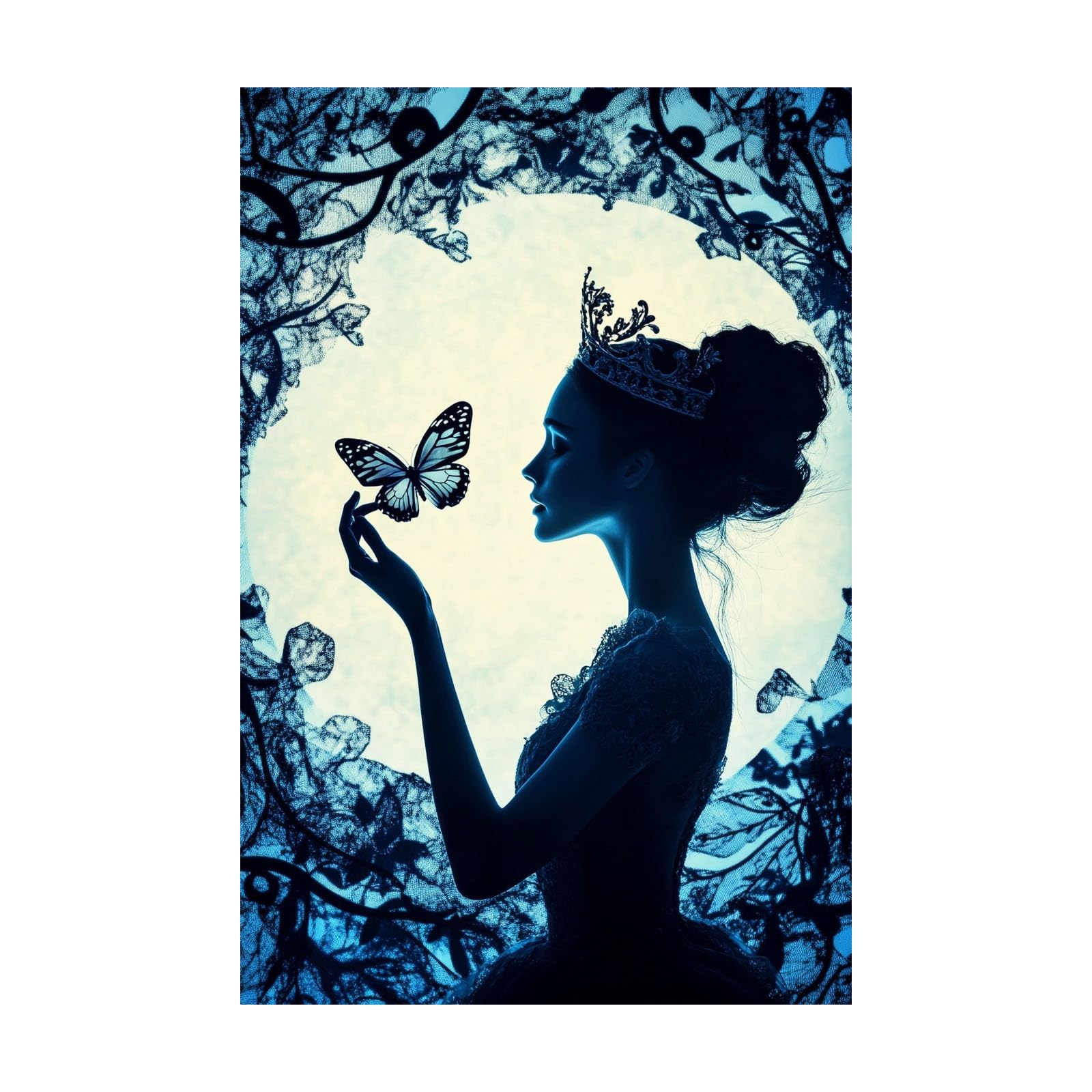 TERUEA Canvas Wall Art for Women Crowned Woman Blue Butterfly Silhouette Retro Painting Bathroom Wall Decor,(Blue)-70x100cm Unframed