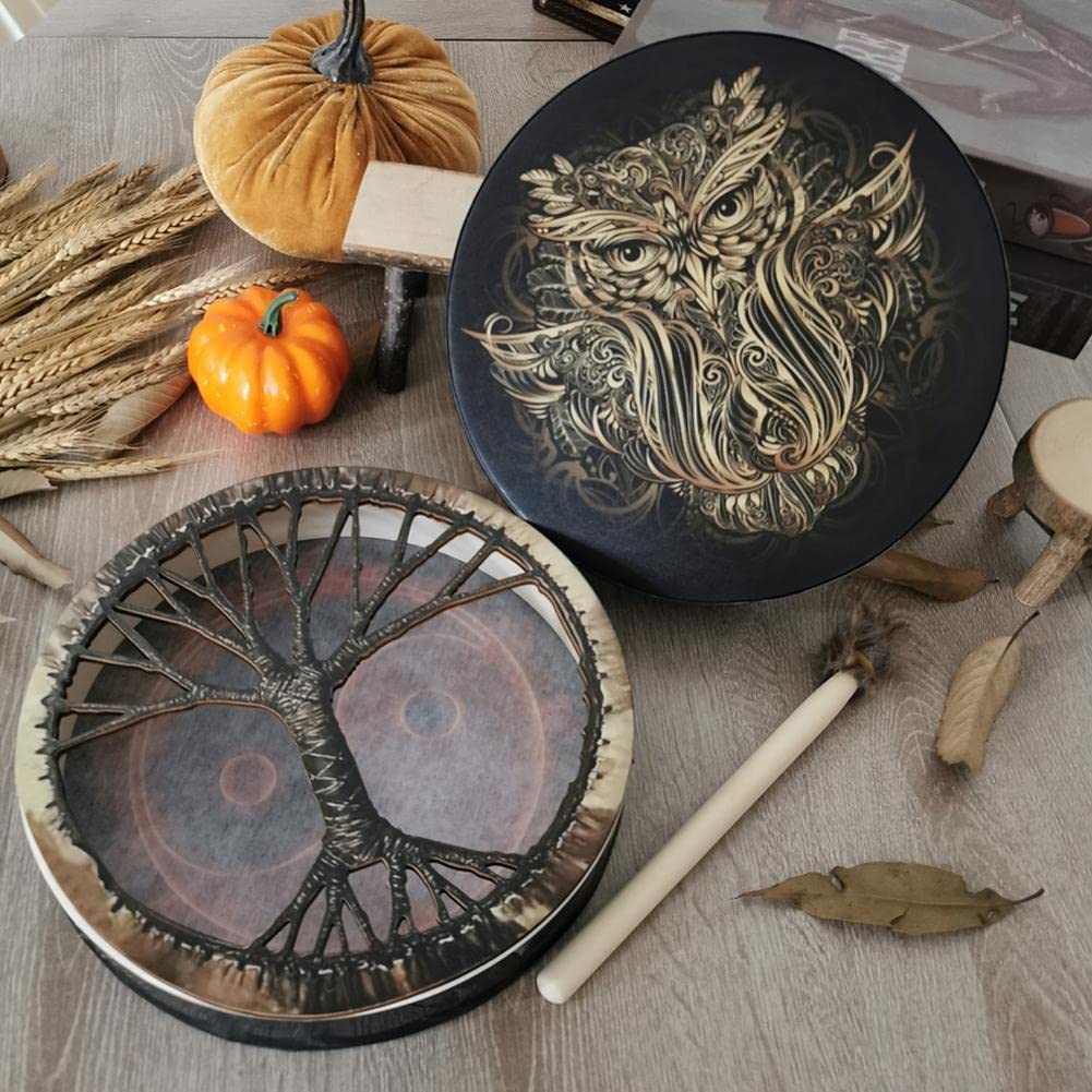 LIOONS Tambour de chaman Classique 25 cm Arbre de Vie Musique spirituelle Tambour éthéré Tambour d'aigle en résine avec Baguettes de Tambour Tambour Adulte Fait à la Main