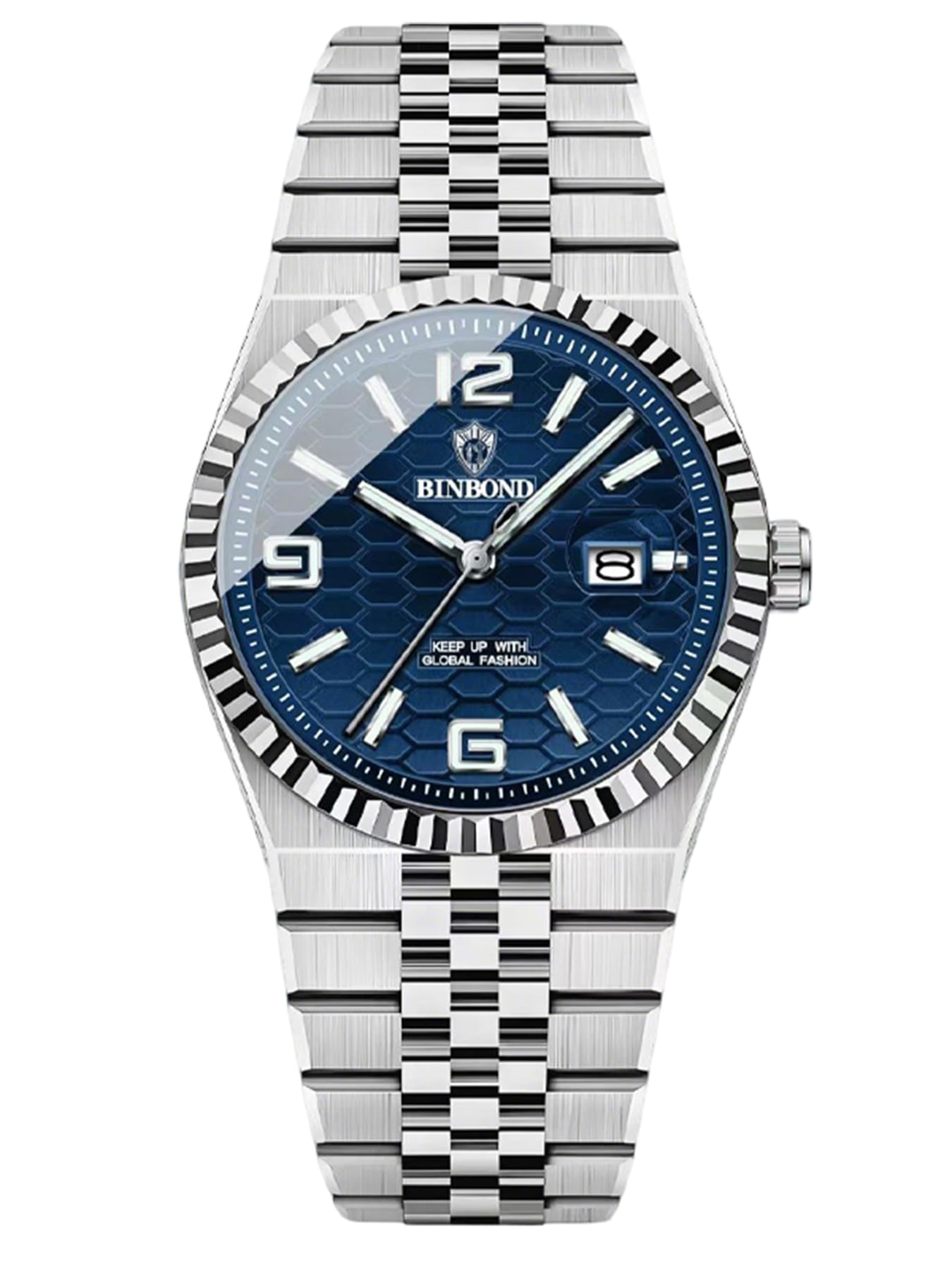 Men's Luxury Watch, Stainless Steel Band, Blue Dial with Date Display, Silver Fluted Bezel