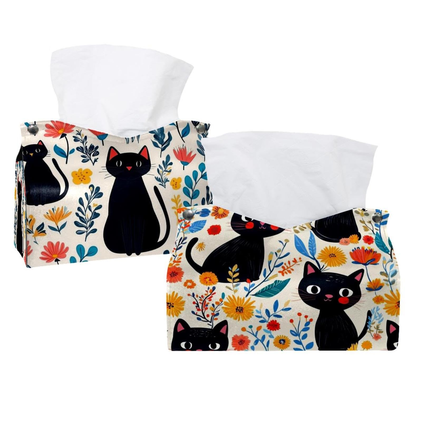 Boîte à mouchoirs chat mignon motif fleurs noires lot de 2 design Barth 36