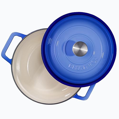 Miniatura 9 de Bruntmor - Horno holandés redondo de hierro fundido esmaltado precurado de 6.5 cuartos de galón, con tapa y asa utensilio de cocina resistente para