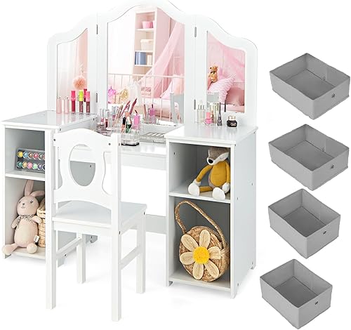 Miniatura 45 de INFANS Vanity - Juego de escritorio y silla de maquillaje de princesa 2 en 1 con espejo desmontable de tres pliegues, estantes de almacenamiento