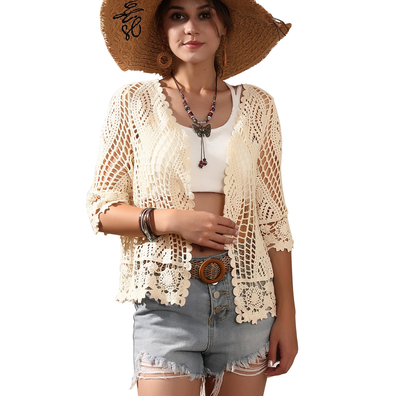 Cardigan en dentelle florale au crochet pour femme - Kimono long avec manches mi-longues