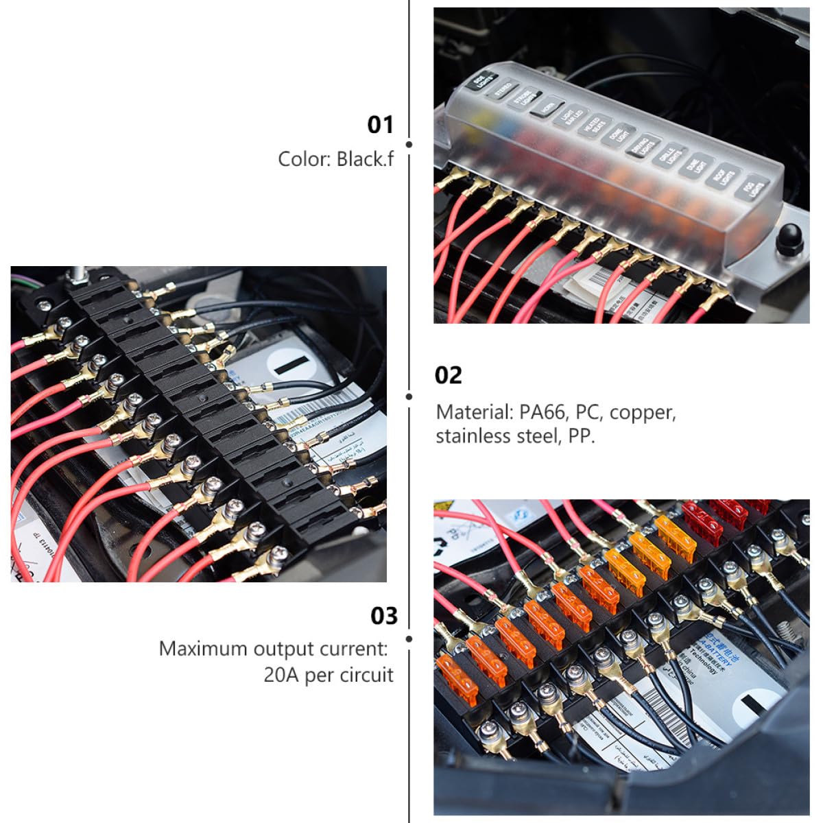 Scatola Portafusibili Auto 12 Vie 32v 75a con Fusibili | Pa66 PC Rame Inox Pp, 20a per Circuito 12-16awg, Sticker e Doppie Unità
