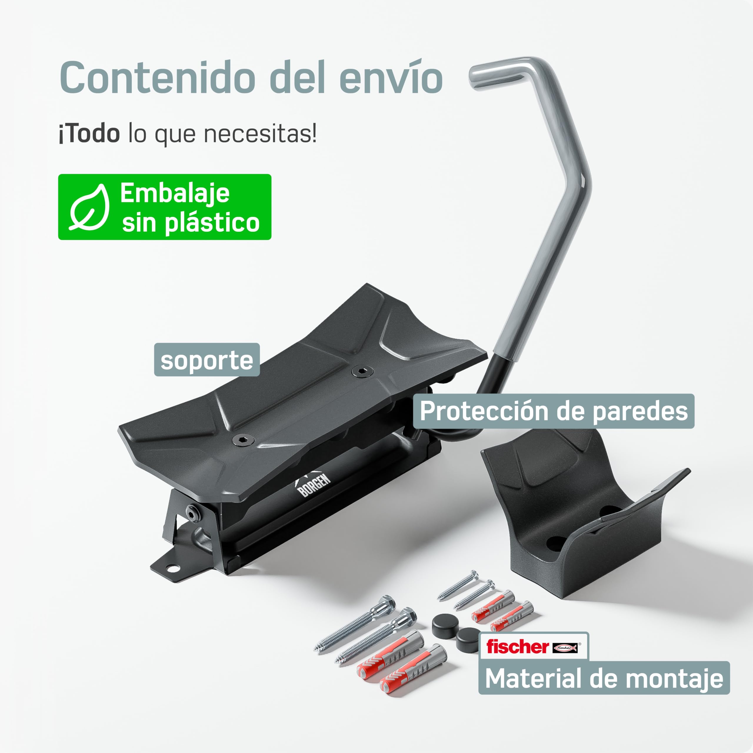 Borgen Soporte Bicicleta Pared Giratorio hasta 35 kg – Soporte Bici Vertical Ahorra Espacio – Incl. Tacos Fischer DuoPower para Montaje Seguro – Embalaje sin plástico