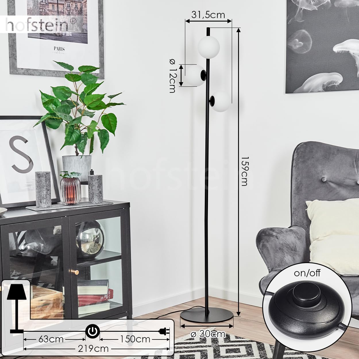 Stehleuchte Remaisnil, moderne Stehlampe aus Metall/Glas in Schwarz/Milchglas, Standleuchte mit Schirmen aus Glas (Ø 12 cm), mit Fußschalter am Kabel, 3 x G9, ohne Leuchtmittel