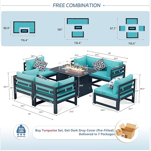 Miniatura 106 de NICESOUL 7 Piece White Powder-Coated Aluminum Patio Furniture with Fire Pit Table, 29 Inch Extra Wide Outdoor Sectional Sofa for 6, High-End Heavy