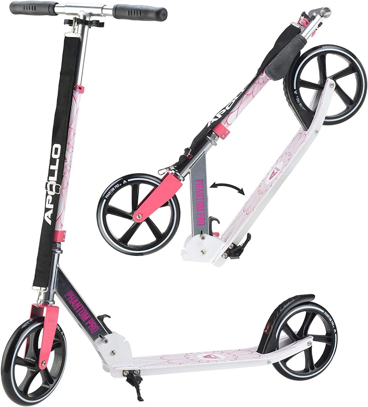 Apollo XXL Wheel Scooter - Phantom Pro City Scooter, Foldable Street Scooter, Height Adjustable Handle, 2 Big Wheels LED, Kick Scooter for Adults and Children, 220lbs Capacity - Pink