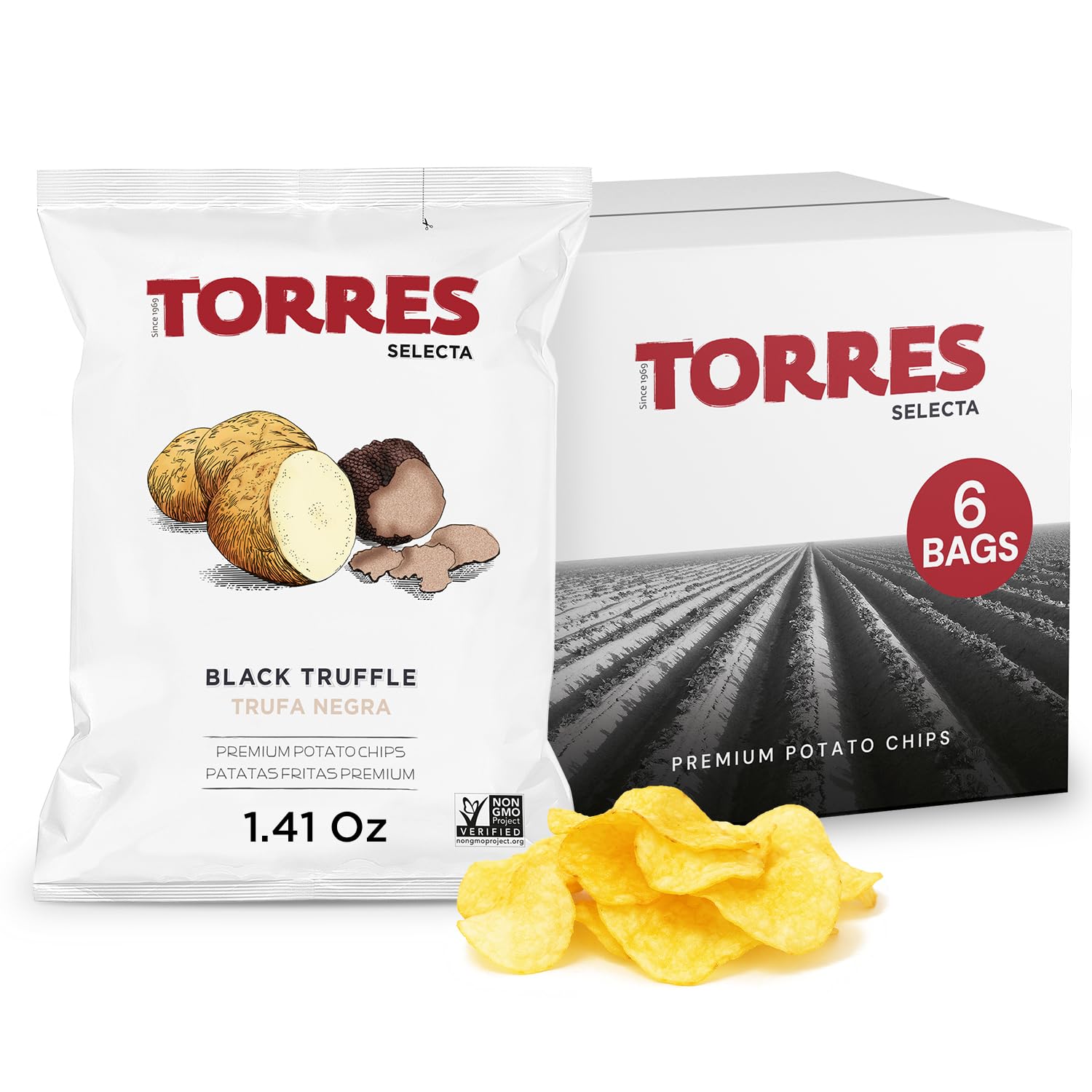TORRES Selecta Gourmet Potato Chips - Snack Size Small Batch Artisan Kettle Chips - Black Truffle - 1.41 oz. (Pack of 6)
