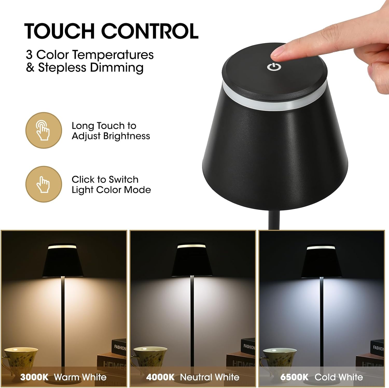 Cordless Table Lamps Rechargeable, 5000mAh Battery Operated Beside Small LED Desk Lamp, 3 Color Stepless Dimming Up Night Light for Nightstand/Restaurants/Bars/Reading/Cafe/Camping, Set of 2
