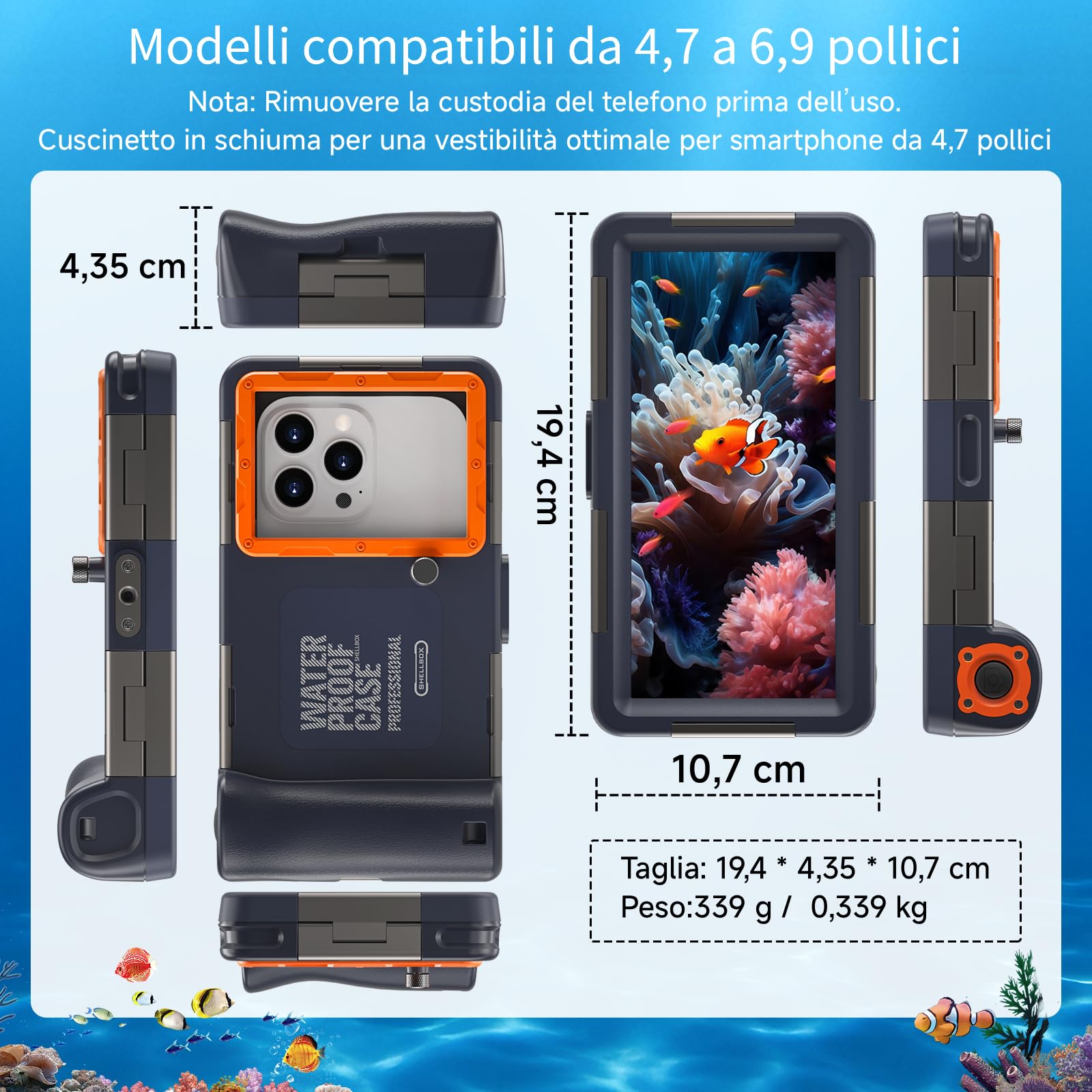 DANZHANG Custodia Impermeabile Subacquea IP68 per Smartphone (Blau+Orange)