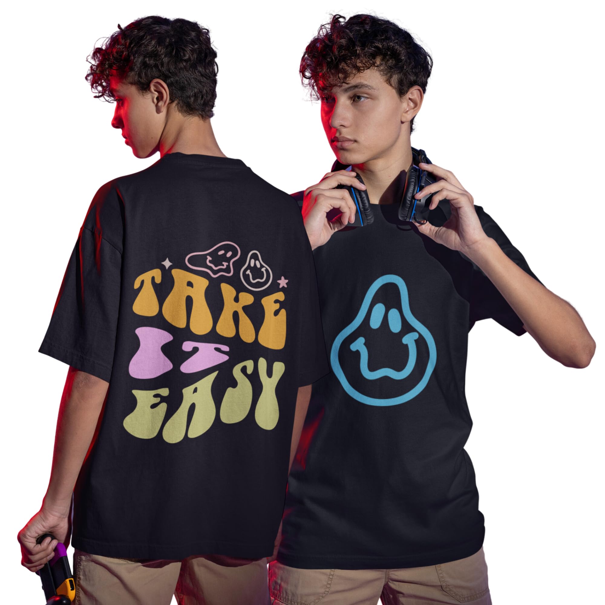 Broke MemersOversized Cotton Graphic Print Take it Easy Black Drop Shoulder T-Shirt for Men and Women(Black)