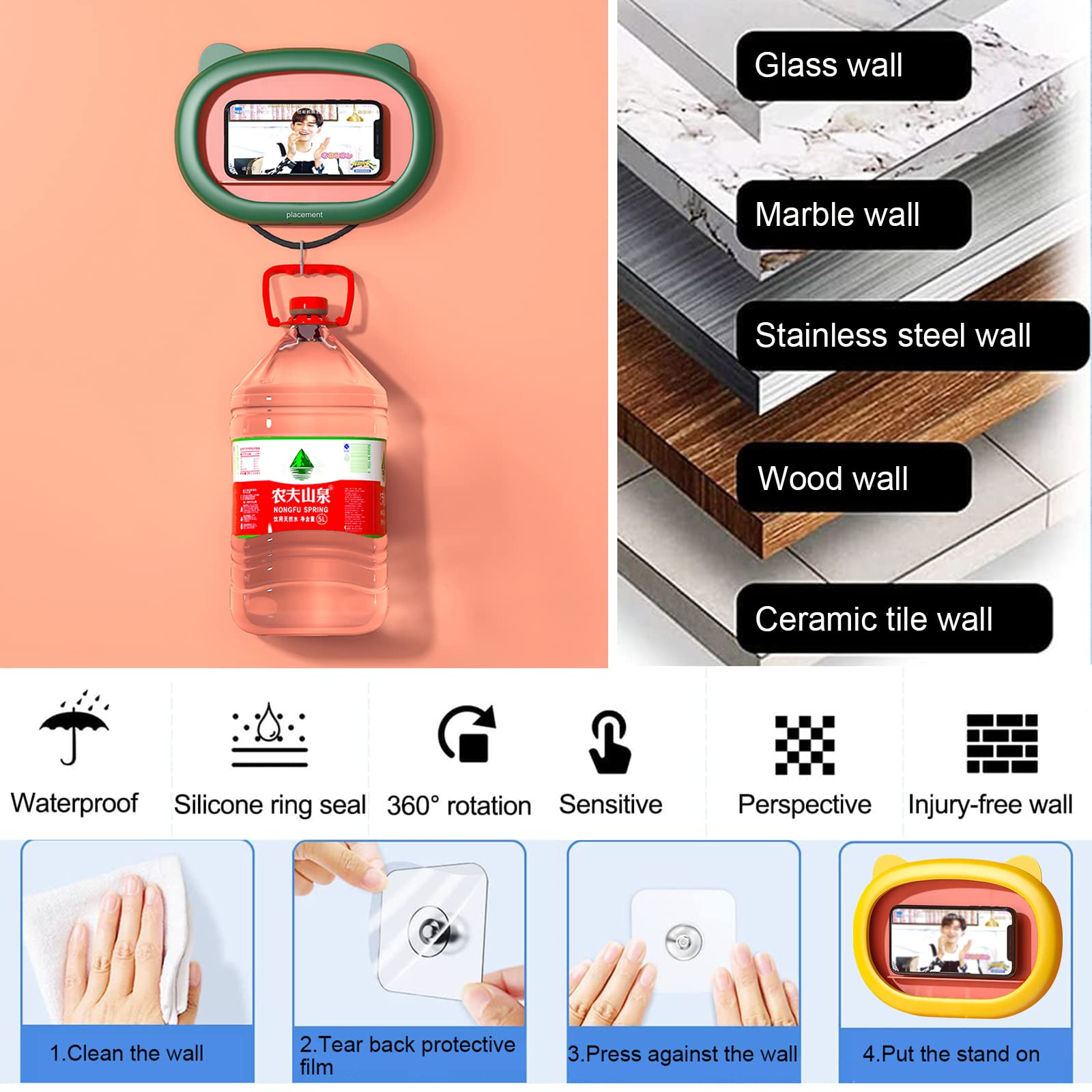 Dusch Handy Halter wasserdichte Handyhülle mit Beschlagfreiem Touchscreen Wandmontage Handyhalterung für Handy bis zu 6,8 Zoll für Badezimmer Küche (Green)