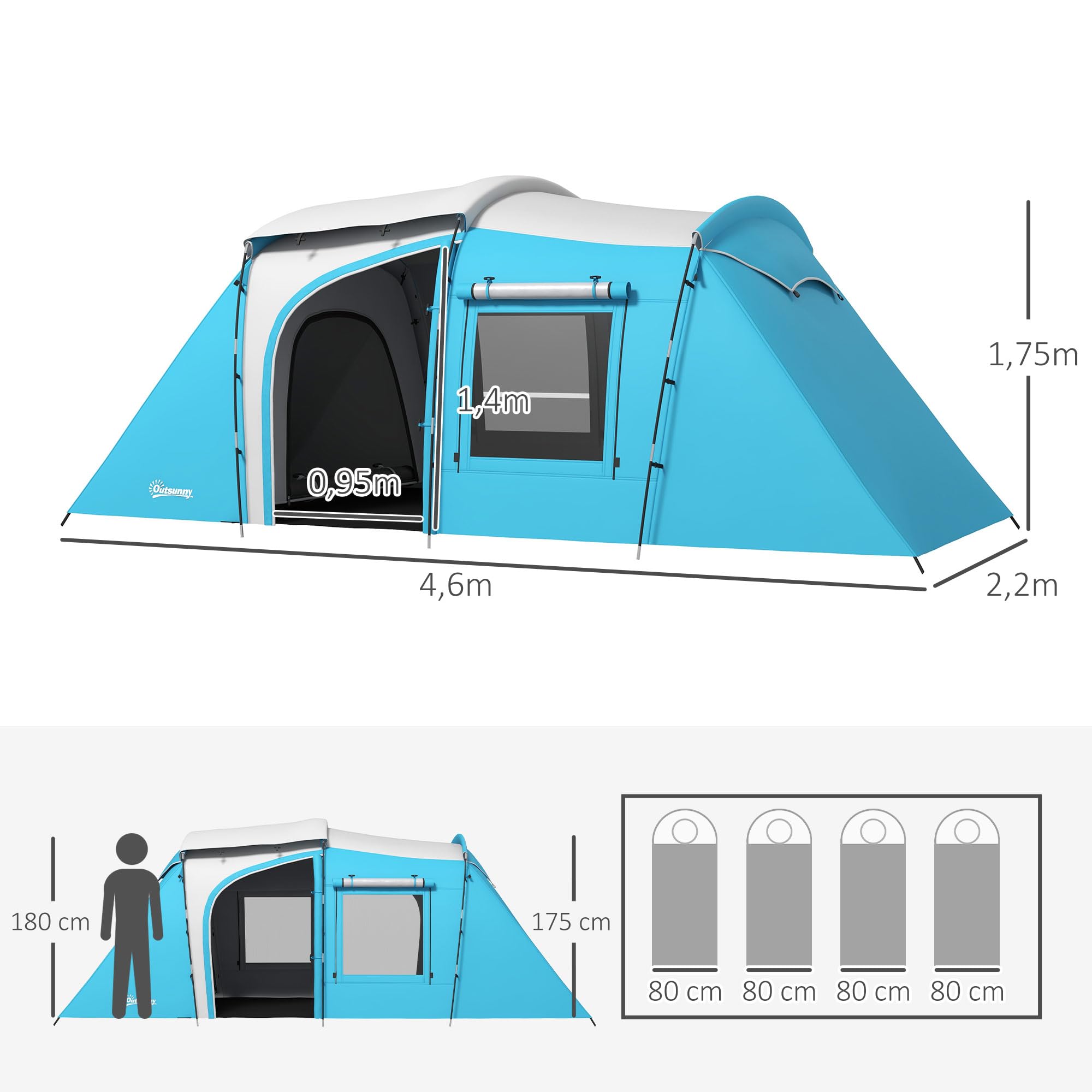Outsunny Tente de Camping familiale pour 3-4 Personnes, Tente Tunnel avec 2 Chambres, 4 Portes et 4 fenêtres, Sac de Transport, imperméable, 460 x 220 x 175 cm, Bleu