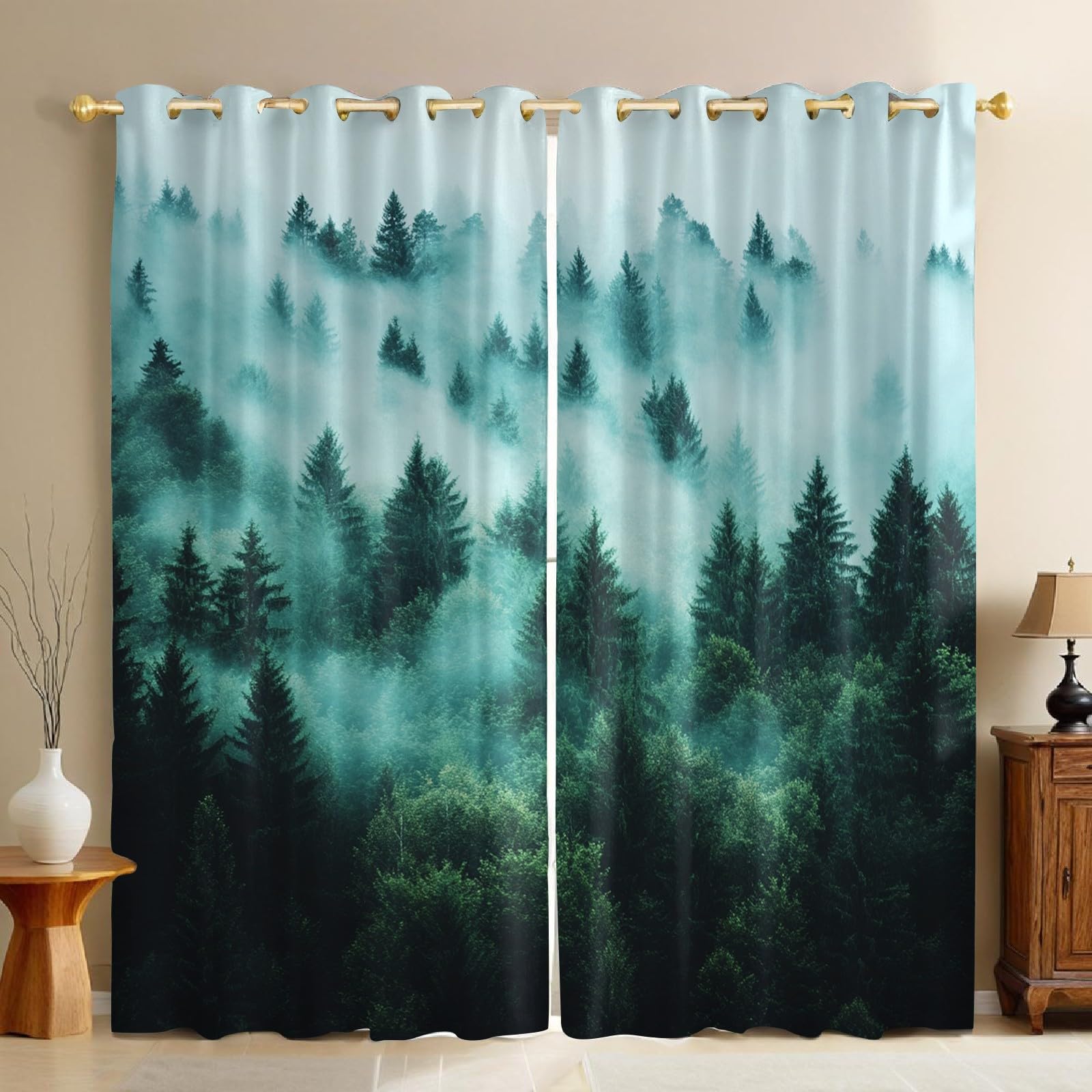 Rideaux occultants vert 140x245 cm imprimé forêt pour salon