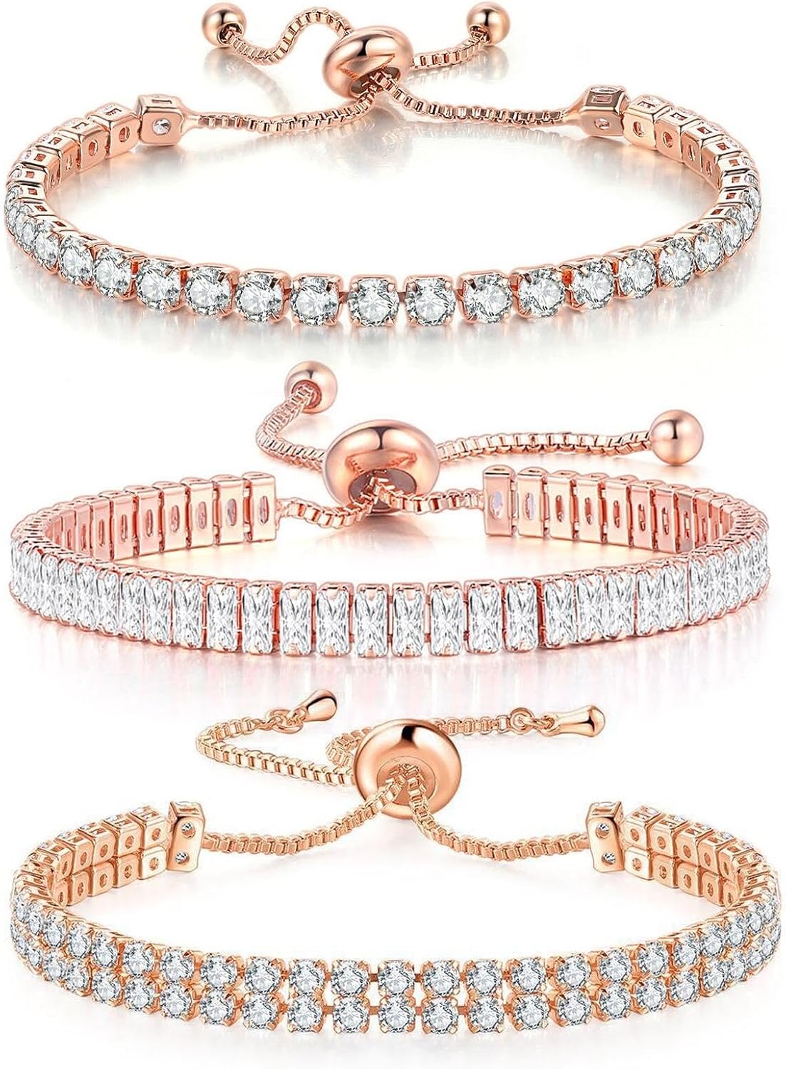 3/5Pcs Set Tennis Chain Cubic Zirconia Adjustable Slider Stackable Bracelet for Women Wedding Party Jewelry Sparkling Birthday Mother's Day