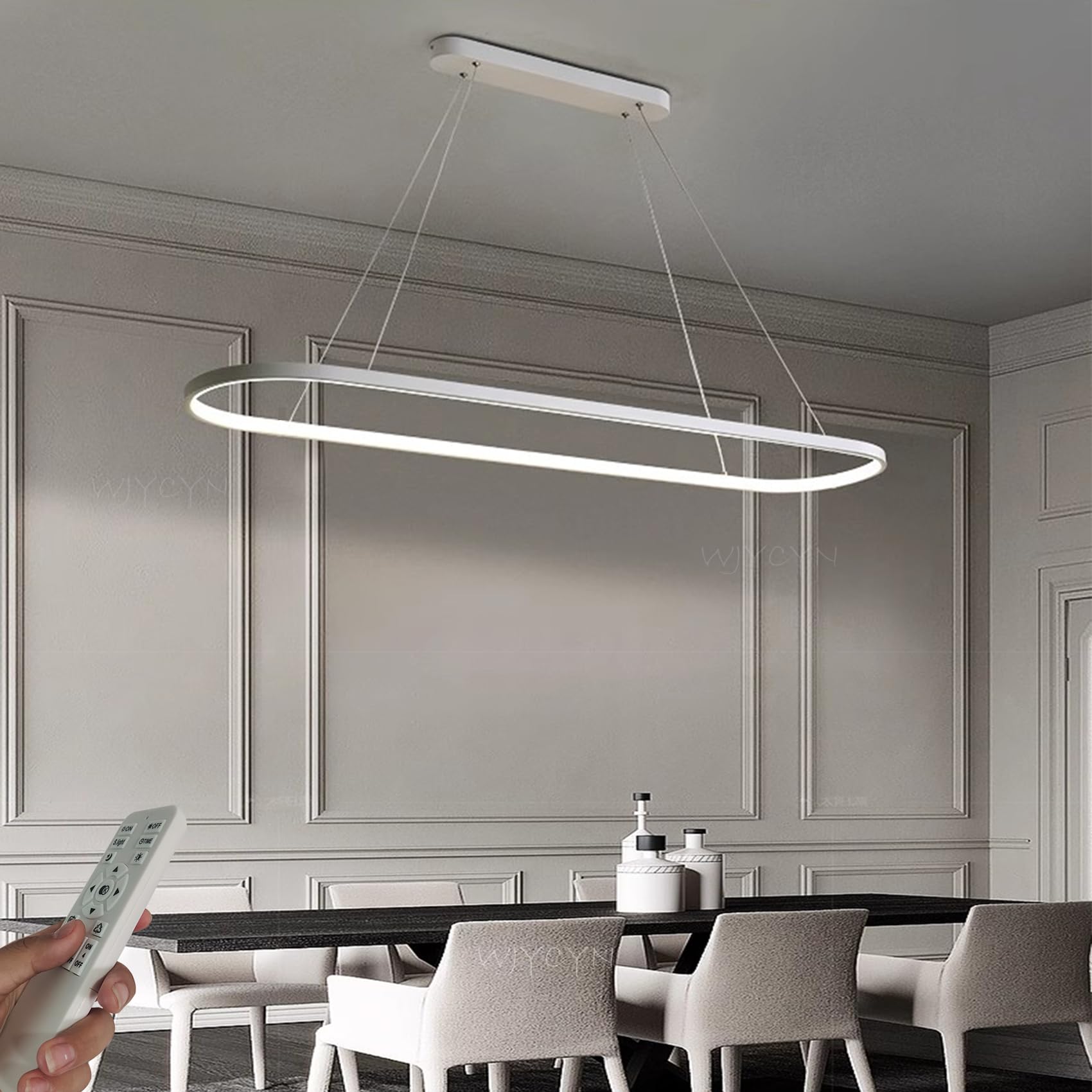 WJYCYN Dimmable Oval LED Chandelier Pendant Light Modern Dining Table Office Lamps with Remote Control Ring Hanging Lamp Height Adjustable Glare Free Room Study Living Room Kitchen B:White L120cm 52W — image 1
