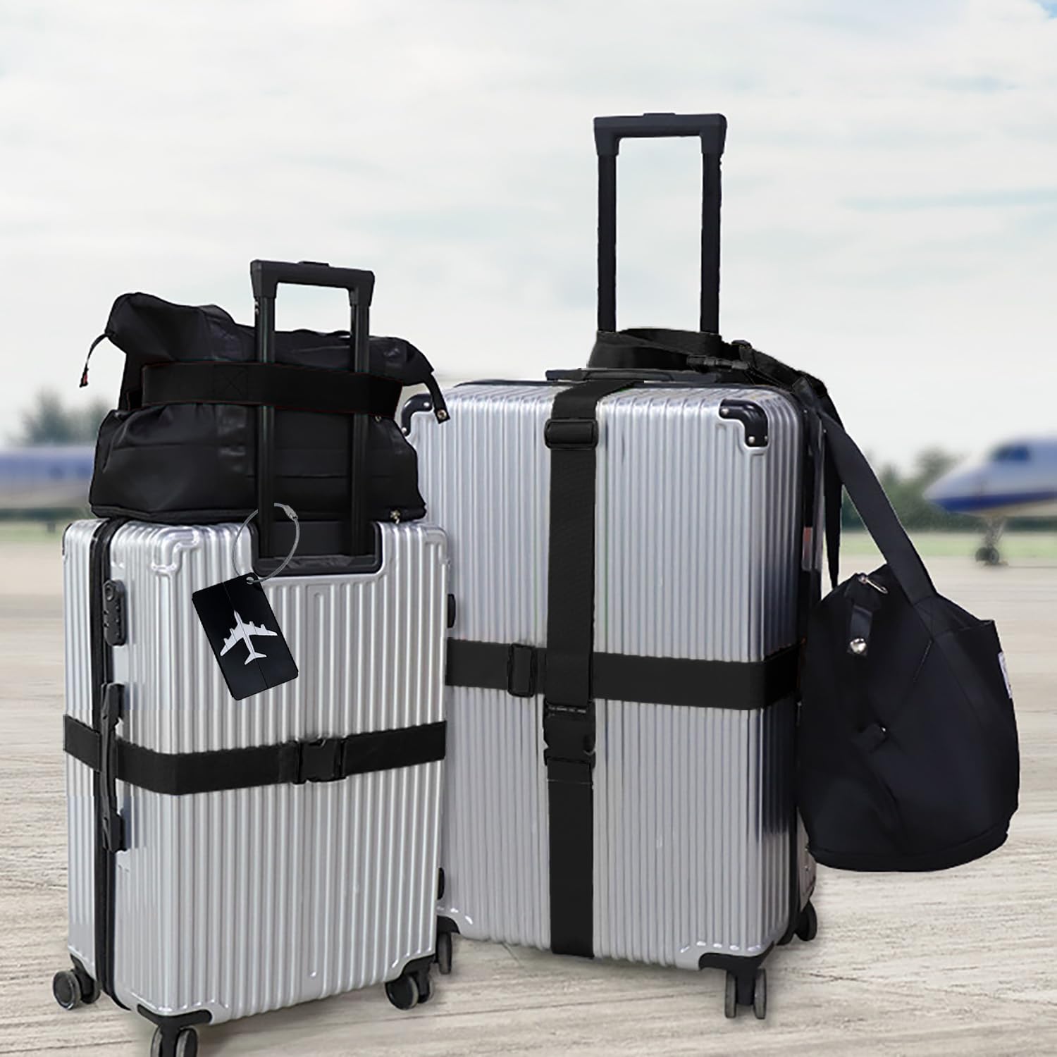 Koffergurt 2er Set – Mit Namensschildern, Rutschfest, Verstellbar Für Reisetaschen & Koffer, Schwarz