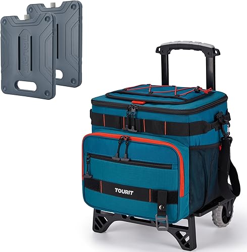 TOURIT Enfriador de ruedas aislado para 48 latas y 2 juegos de bolsas de hielo grandes, combinación perfecta