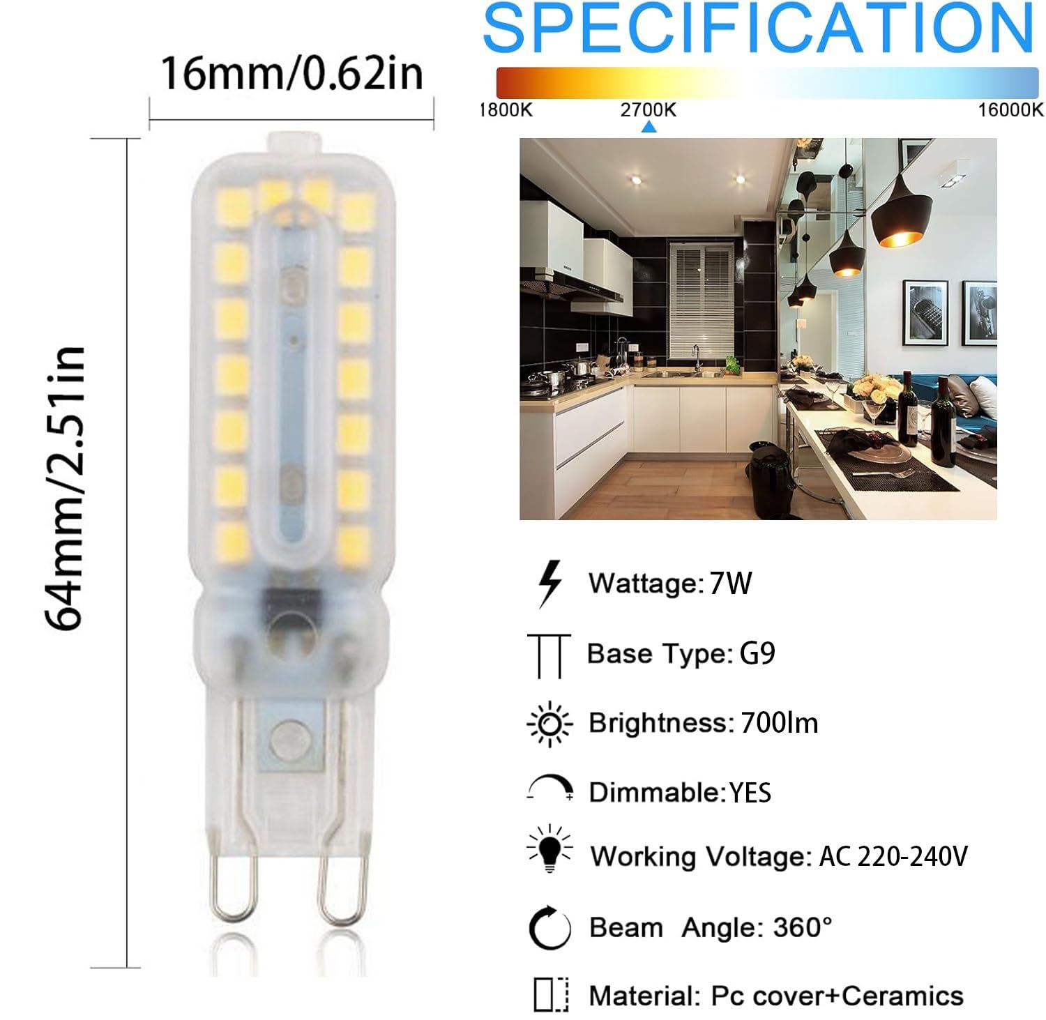 lampadina, Lampadina LED G9 dimmerabile 7W, confezione da 8, senza sfarfallio 220V-240V 700 lumen angolo del fascio 360°, luce(Warm White)