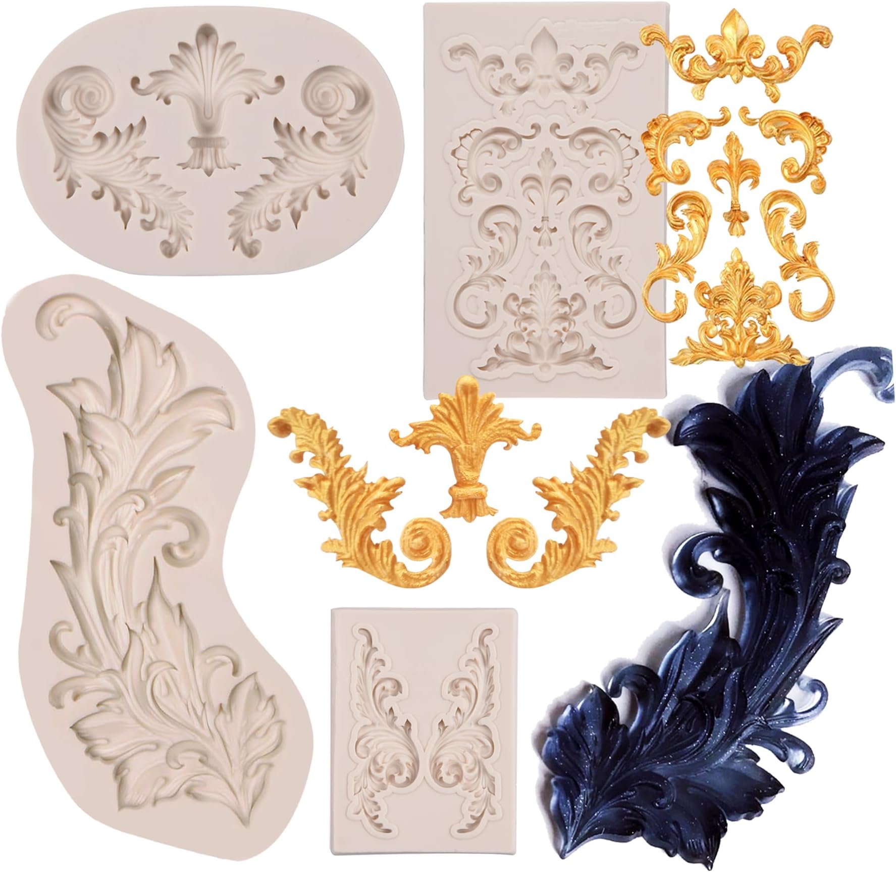 - Baroque Silicone Fondant Molds, (4 Pack) Scrolls Border Feather Crown Corner Molds for Cake Decorating Polymer Clay