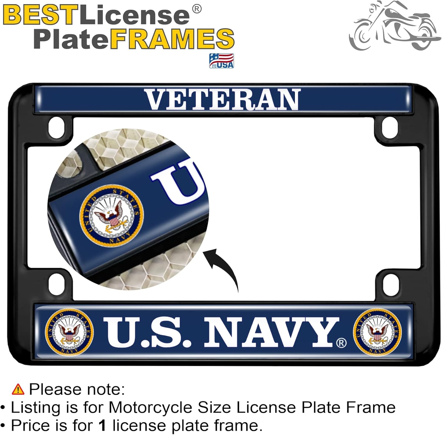 [Officially Licensed Product] - Motorcycle Metal License Plate Frame with U.S. Navy Veteran, Eagle and Anchor Logo Design - Black