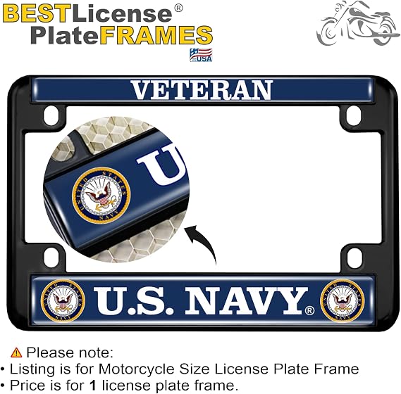 [Officially Licensed Product] - Motorcycle Metal License Plate Frame with U.S. Navy Veteran, Eagle and Anchor Logo Design - Black