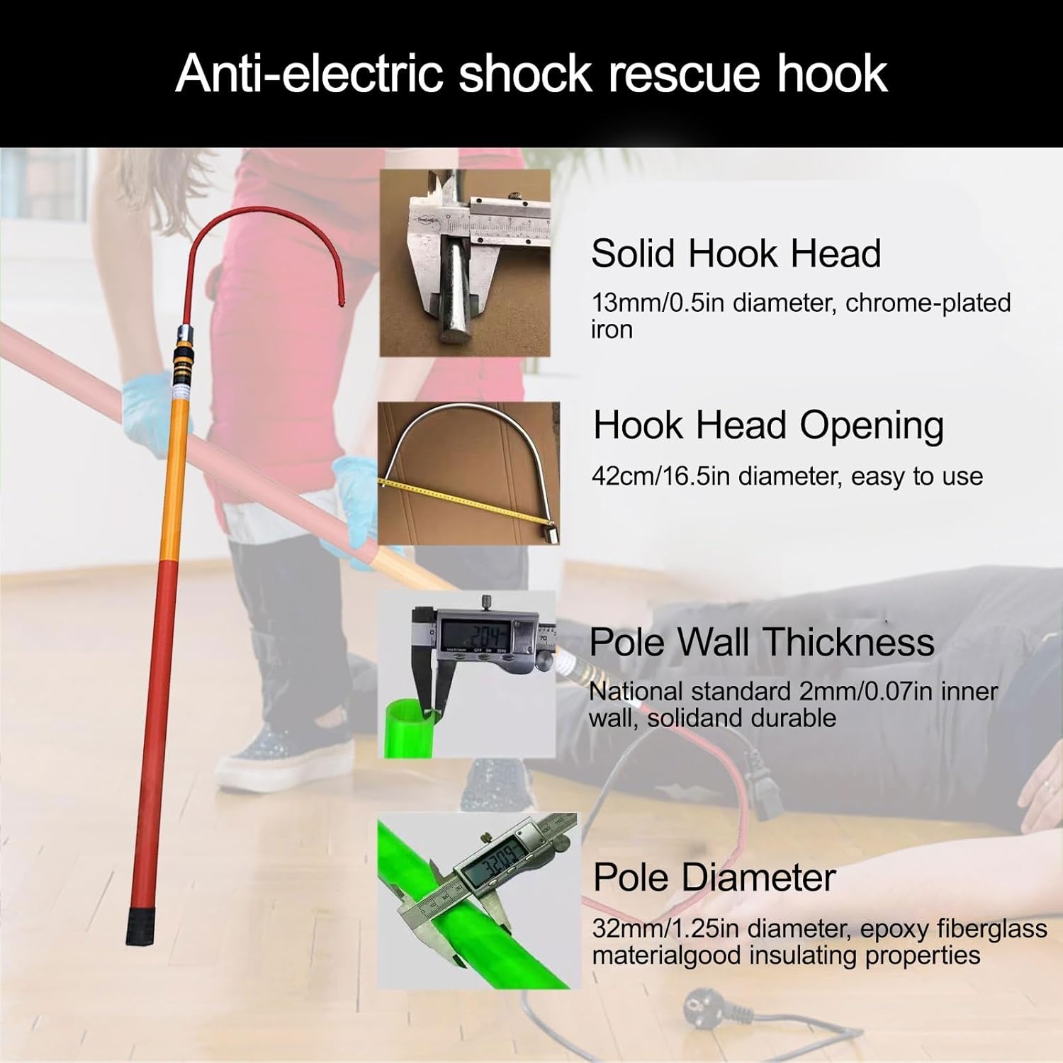 Insulated Rescue Hook, Safety Electrical Rescue, Hook with Anti Slip Handle, High Voltage, Portable Hot Stick Rescue Hook, Electrical Safety(1m/39.3in)