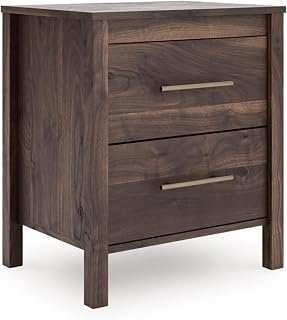 Signature Design by Ashley 2 Drawer Nightstand, Modern Rustic Mocha Brown | Engineered wood with replicated walnut grain and goldtone pulls, Compact 2-drawer bedside organizer, Calverson Series