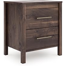 Signature Design by Ashley 2 Drawer Nightstand, Modern Rustic Mocha Brown | Engineered wood with replicated walnut grain and goldtone pulls, Compact 2-drawer bedside organizer, Calverson Series