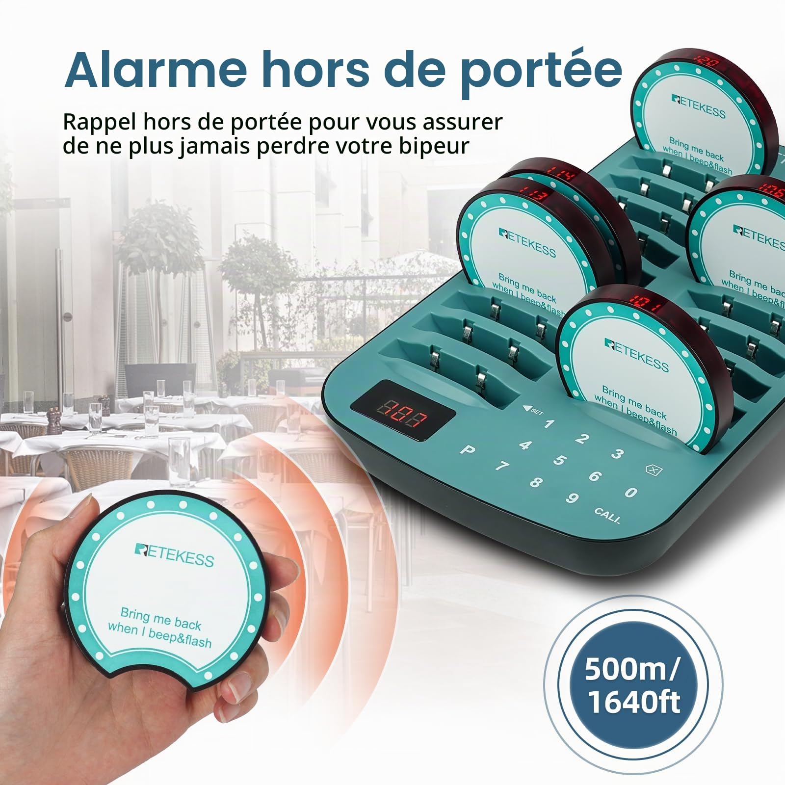 Retekess TD167A Bipeur Restaurant, Bipper Restaurant, 20 Bippers | pour Restaurant, Bar, Extérieur 500M, Appairage en Un Clic, 7 Modes d'Appel, Alertes Hors de Portée, Fonction Compte à Rebour