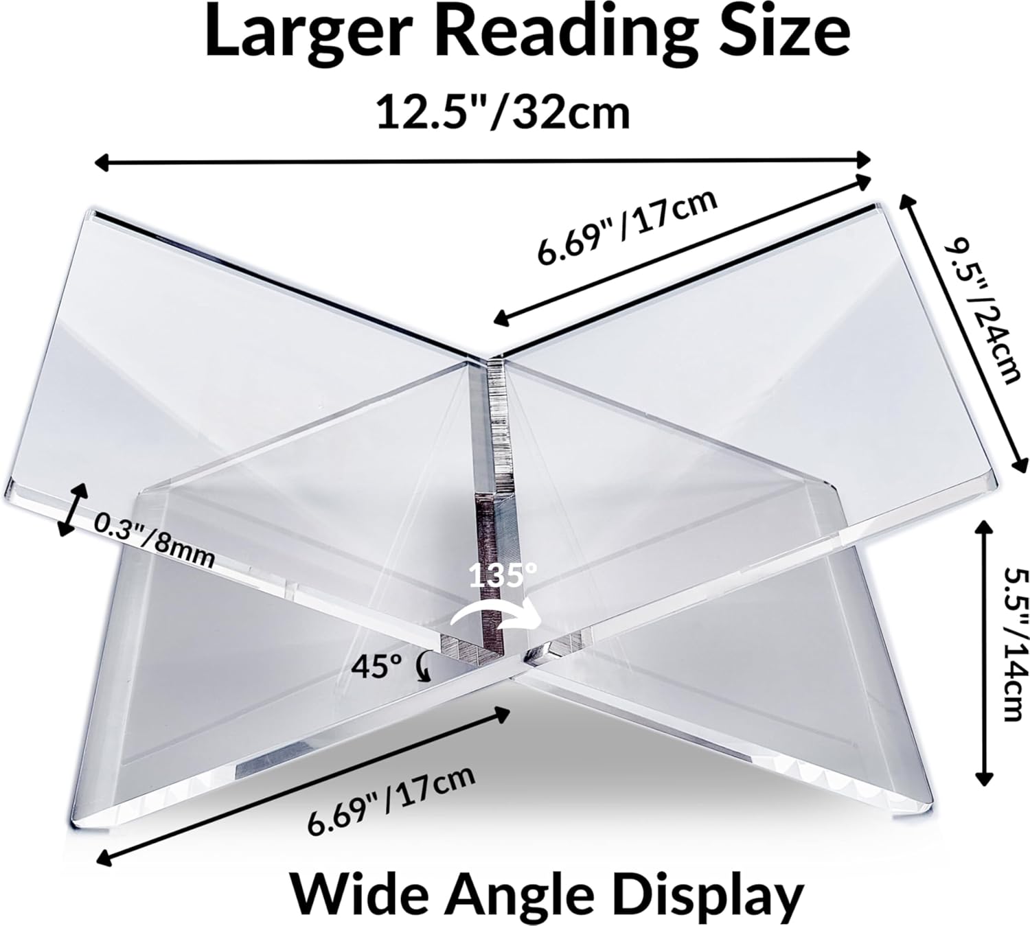 Honygebia Clear Acrylic Book Stands - Cross Frame Acrylic Book Holder, Open Bookstand for Display and Reading, Suitable for Art, Bible, Cookbook, Easel, Magazine, Textbooks 12.5" x 9.5" x 5.5"