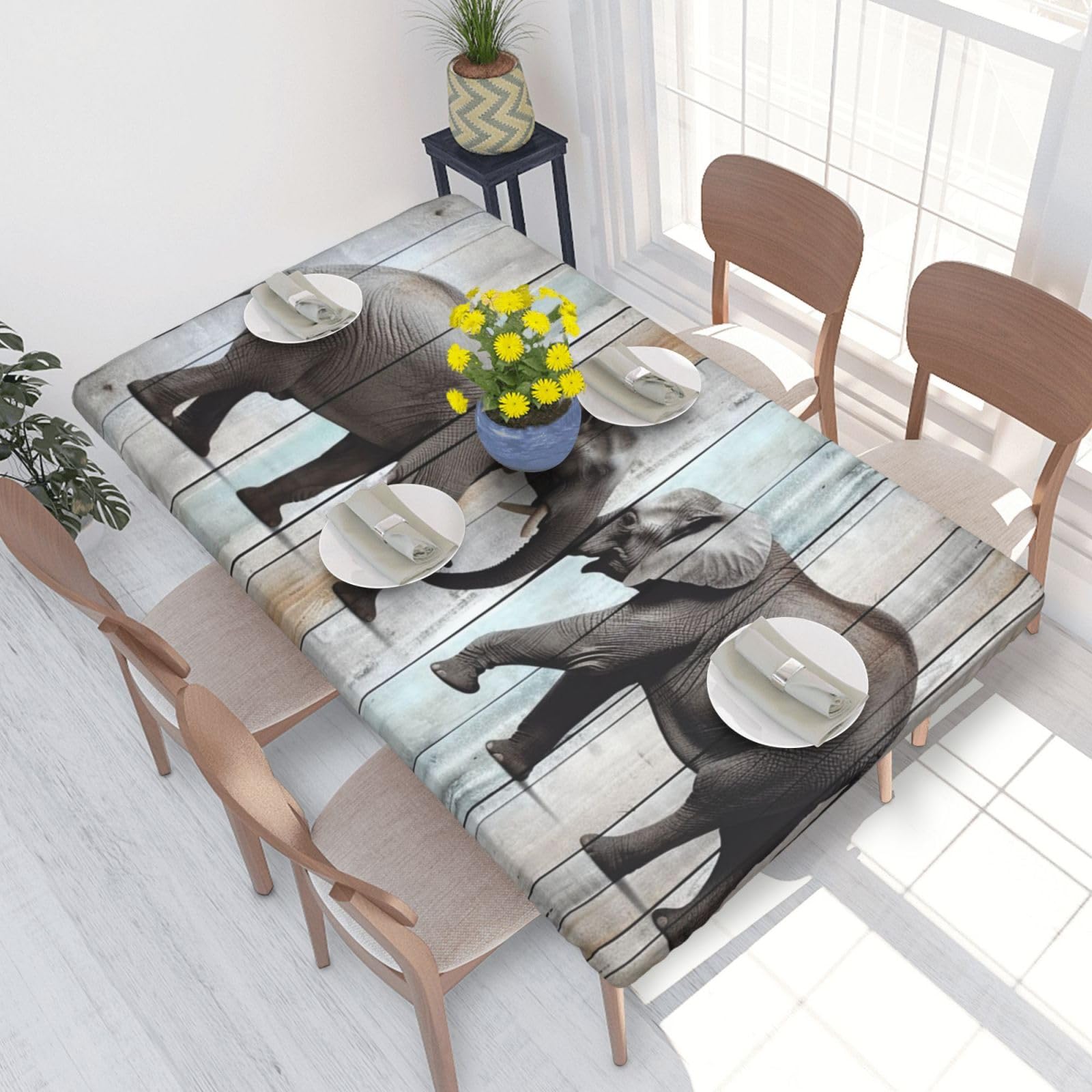 Elephant On Wood Waterproof Square Table Cover Elastic Fitted Tablecloth Oil Proof Table Protector For 4ft Table