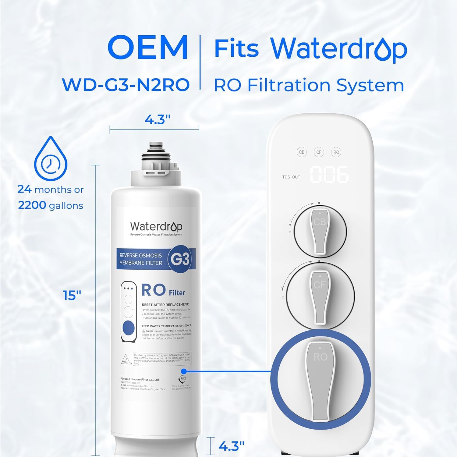 Waterdrop Filtro di Ricambio G3 per Sistema ad Osmosi Inversa 400GPD - Set con CF, CB e RO
