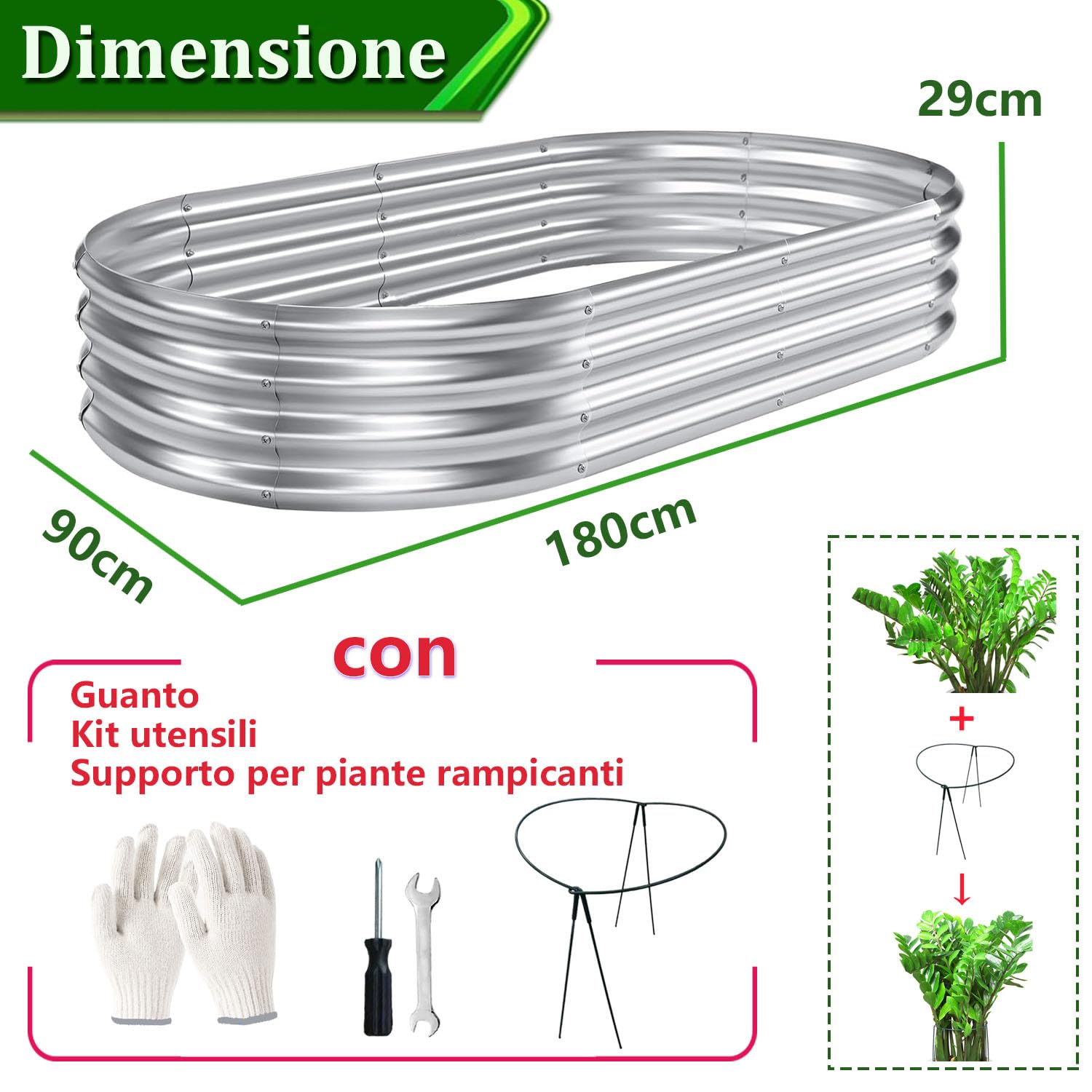 2 PCS Letti per Orto Rialzato in Metallo 180×90×29 cm Fioriera Rialzata in Zincata per Verdure, Fiori ed Erbe Aromatiche (180×90×29 cm, con Anello di Supporto per Piante)