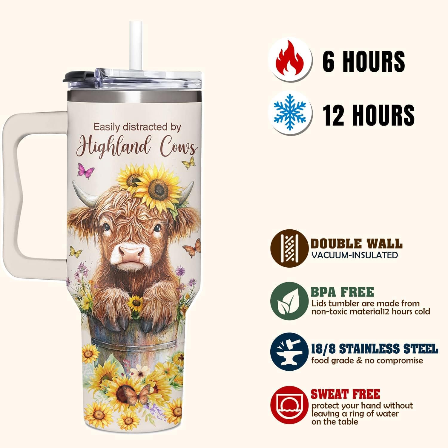Highland Cow Gifts For Women, Teen Girls, and Her - Cute Highland Cow Mothers Day, Birthday, Christmas, Valentines, Cowgirls Gifts for Women - Tumbler 40oz with Handle, Lid and Straw with Cow Print - Image 2