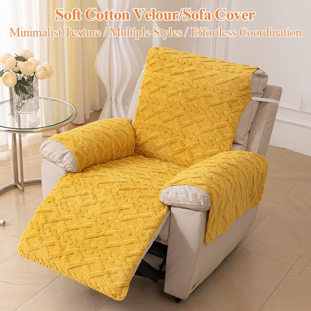 Reversible Jacquard Plush Recliner Chair Covers, Double-Sided Pet Slipcover for Sofa & Rocking Chair, Soft Stretch Furniture Protector with Anti-Drop Design (Yellow)