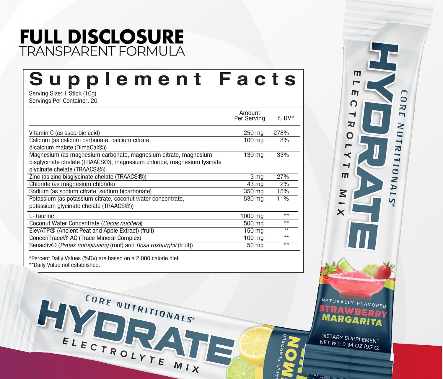 Core Nutritionals Hydrate Electrolyte Drink Mix | Full Electrolyte & Hydration Blend | Hydration & Recovery Support | 20 Stick Packs (Fun Sweets Cherry Berry)