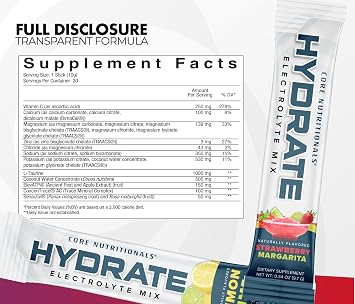 Core Nutritionals Hydrate Electrolyte Drink Mix | Full Electrolyte & Hydration Blend | Hydration & Recovery Support | 20 Stick Packs (Blue Ice)